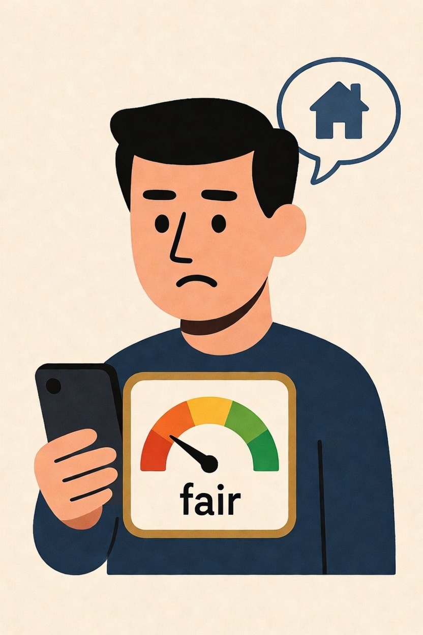 A person looking at their phone showing a credit score gauge in the fair range, with a house thought bubble above their head