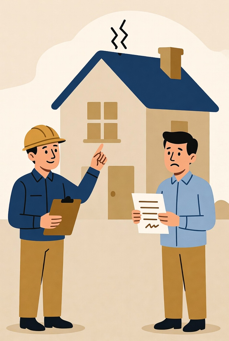 A home inspector pointing at a roof issue while a worried buyer holds a signed offer document