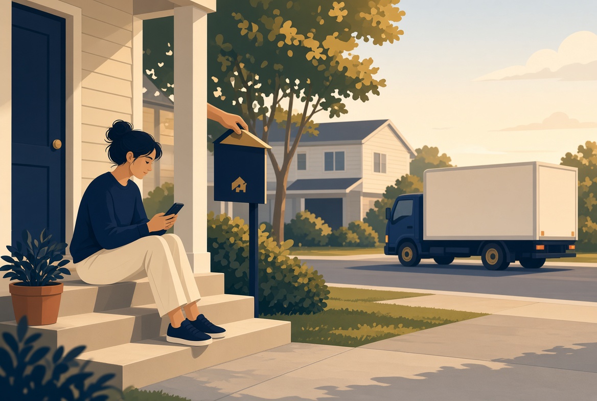 Illustration of a woman sitting on her front porch steps, absorbed in her phone, while a moving truck quietly passes by on the street behind her, representing a housing market where buyers are distracted and missing what is happening around them
