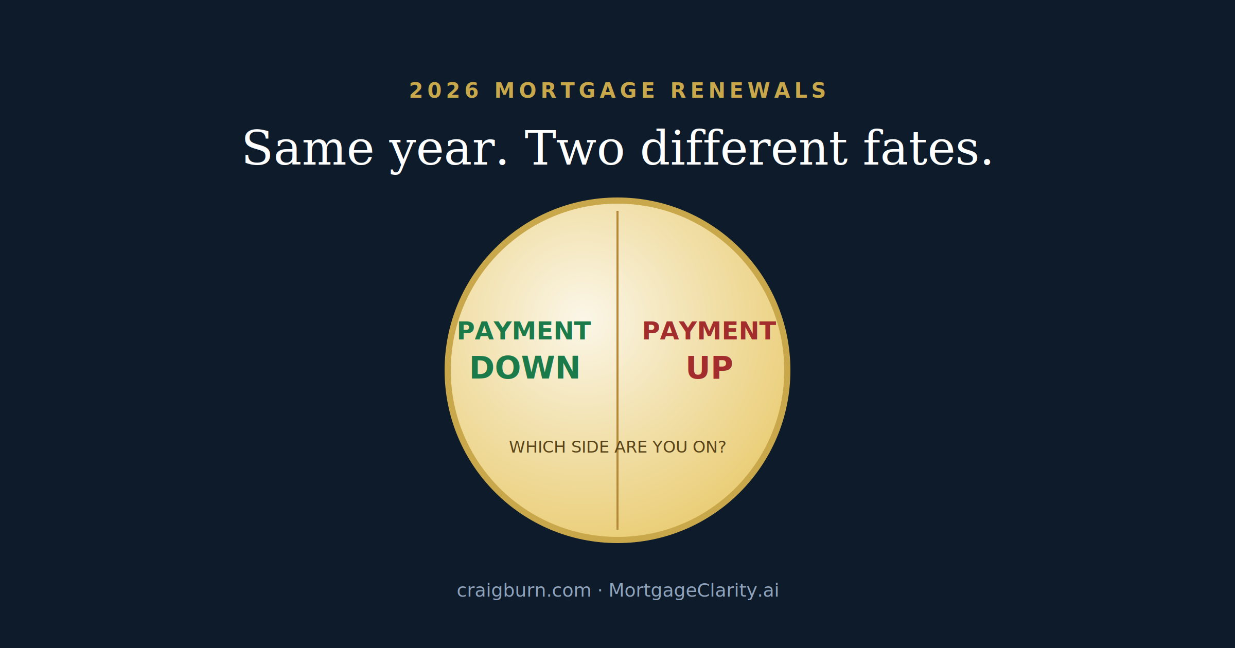 A gold coin frozen mid-flip, split between payment down and payment up, symbolizing the split outcome of 2026 mortgage renewals