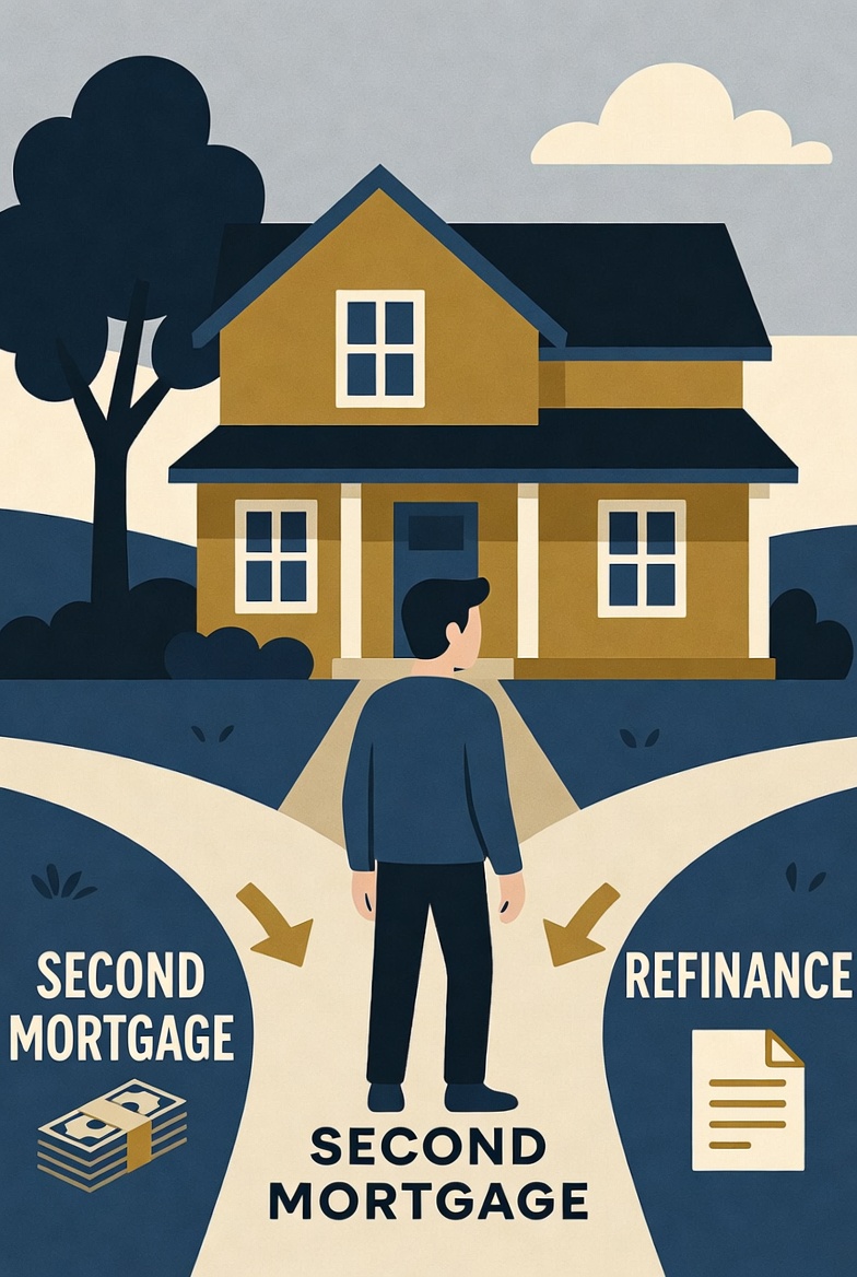 A homeowner standing at a fork in the driveway, one path labeled second mortgage with a cash icon, the other labeled refinance with a document icon