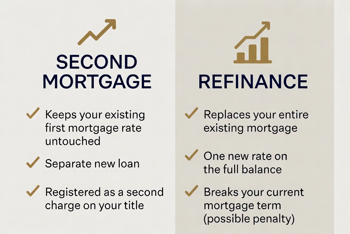 Comparison graphic showing Second Mortgage keeps existing first mortgage rate untouched, separate new loan, registered as second charge on title, versus Refinance replaces entire existing mortgage, one new rate on full balance, breaks current mortgage term with possible penalty