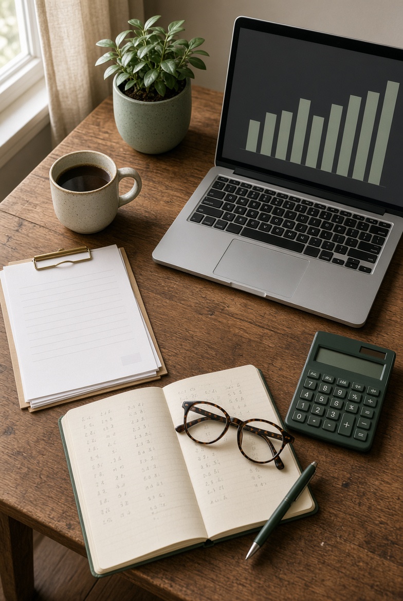 A self-employed business owner's organized home office desk with a laptop showing steady income growth, invoices, and a calculator