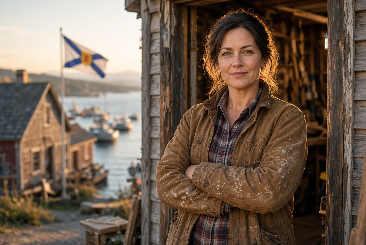 A self-employed Nova Scotia business owner standing confidently in her workshop doorway, coastal fishing village in the background