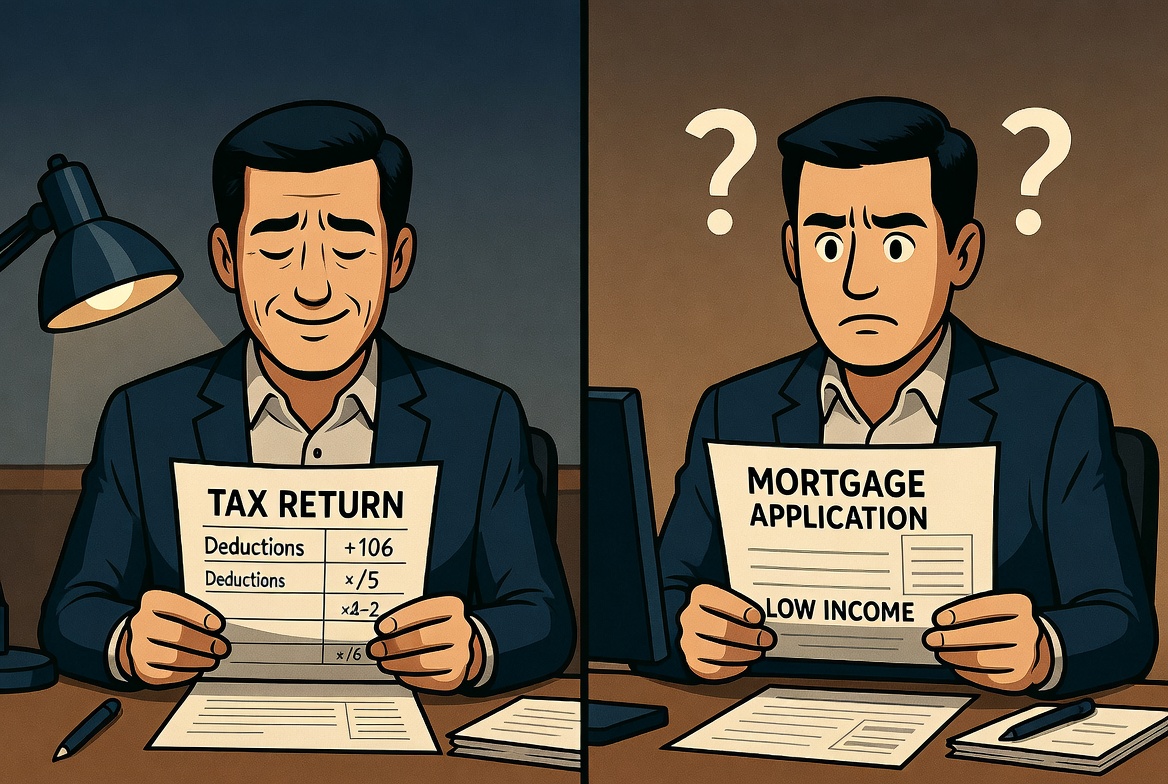 A self-employed business owner looking pleased while filing taxes with lots of deductions, then looking confused at a mortgage application showing low income