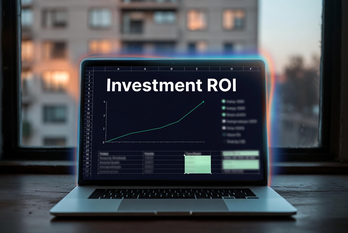Laptop showing an Investment ROI spreadsheet with a shimmering mirage effect, blurred commercial building in the background