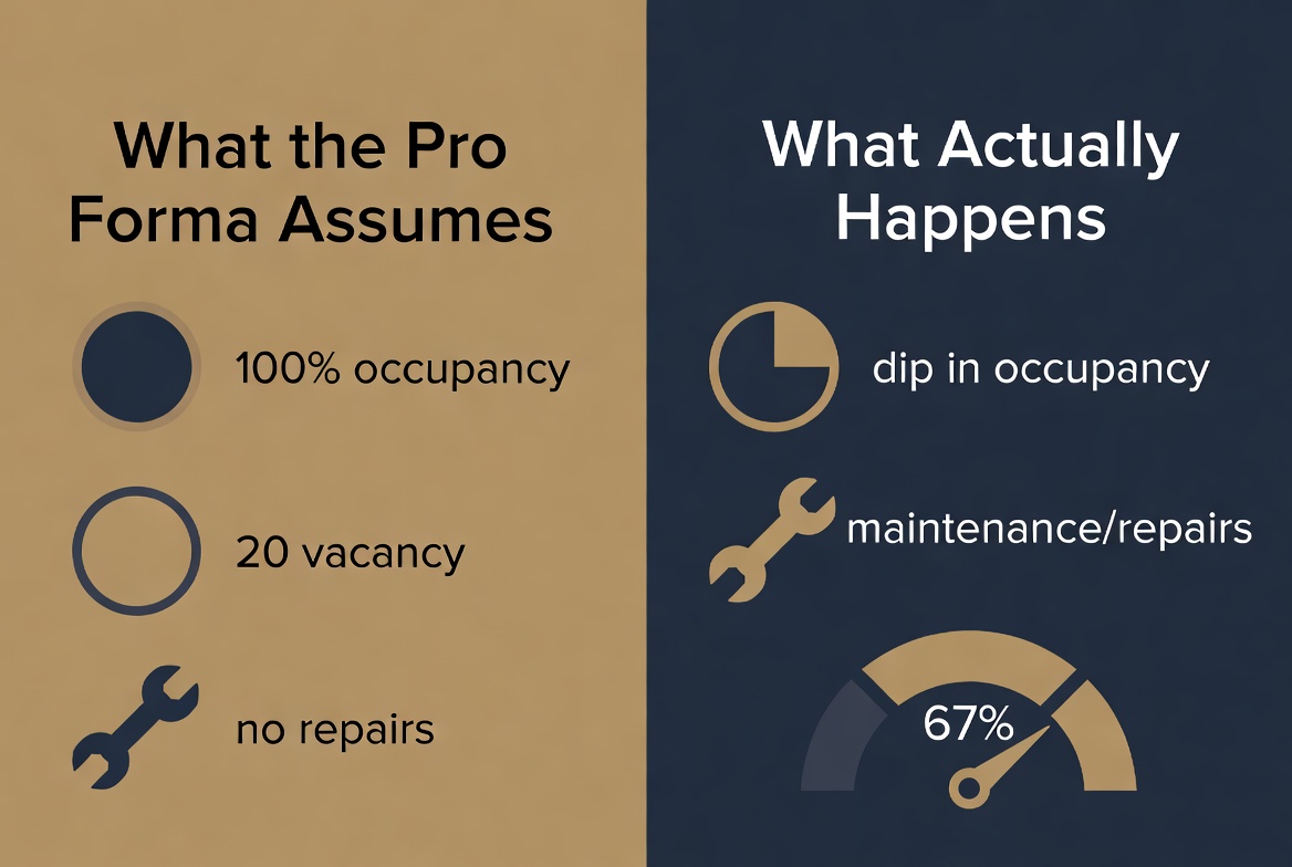 Comparison graphic: what the pro forma assumes versus what actually happens