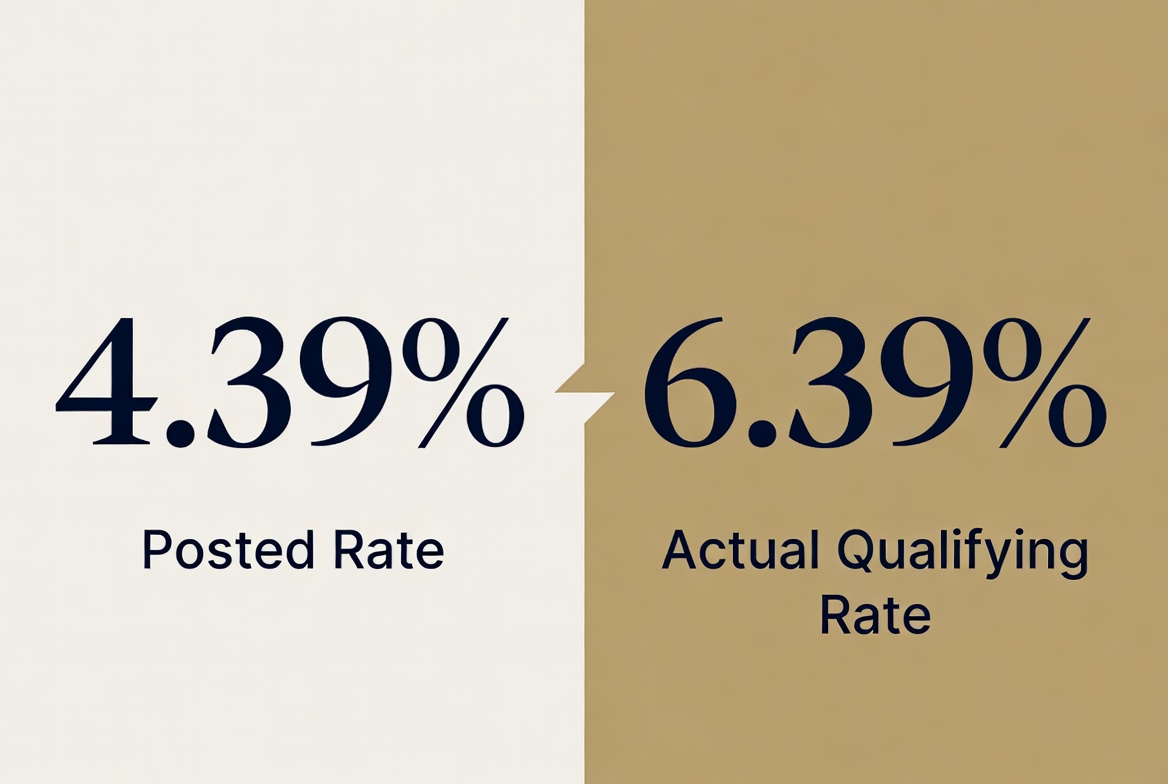 Comparison graphic showing a posted contract rate of 4.39 percent next to the actual qualifying rate of 6.39 percent, illustrating the stress test gap
